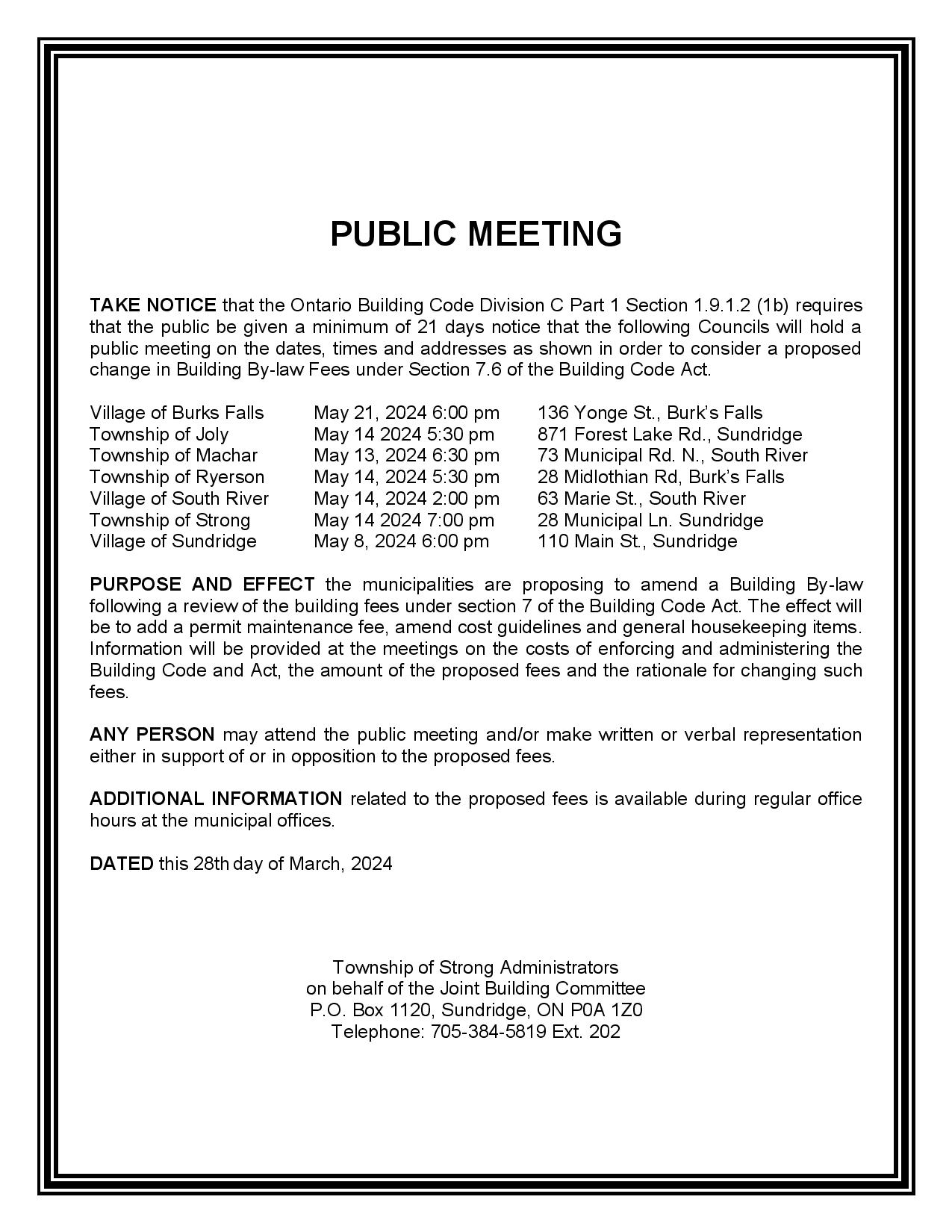 Notice of Public Meeting Building By-law Fees | Latest News | Emergency  Alerts | News & Events | Village of South River